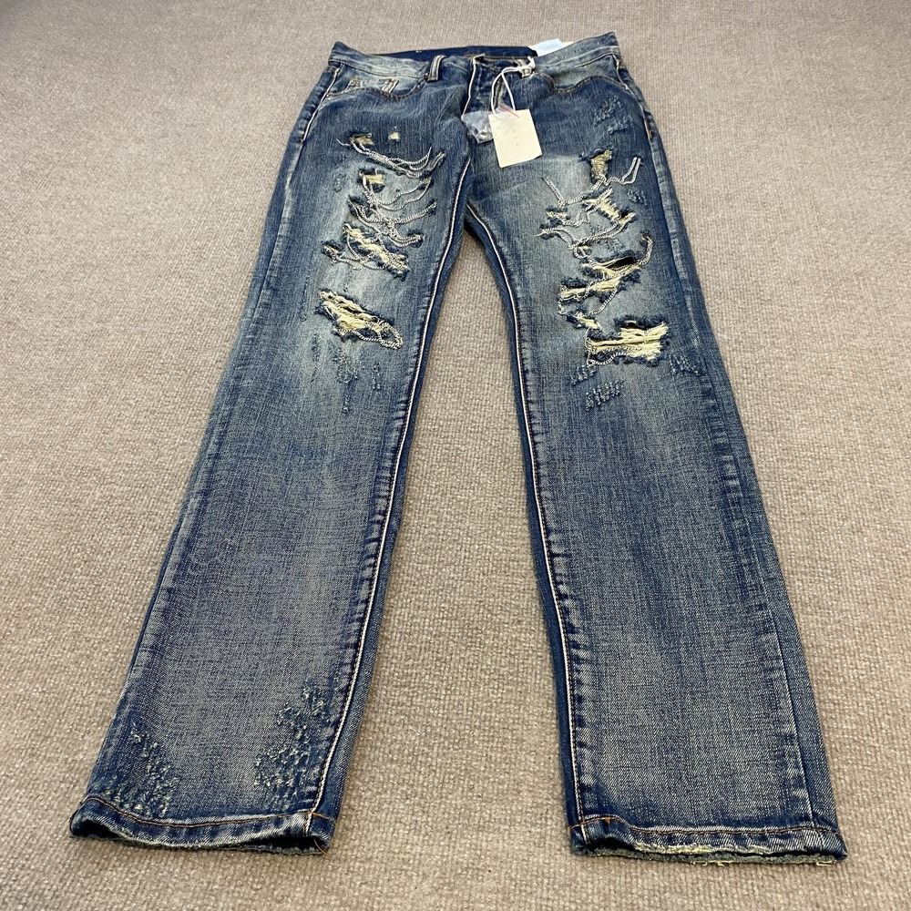Mnml D436 Chain Denim Jeans Mens 31x32 Blue Med Wash Regular Straight Distressed